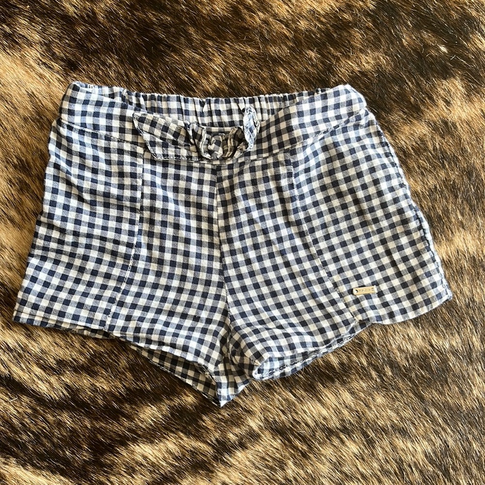 Mayoral navy and white plaid scalloped elastic shorts